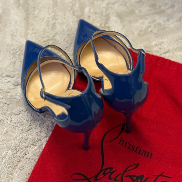 Christian Louboutin | Electric Blue Patent Leather Criss Cross Blake 100 Pumps - Picture 14 of 17